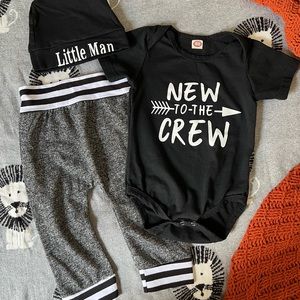 NWOT Black and Gray Set - new to the crew onesie - little man hat 3-6M